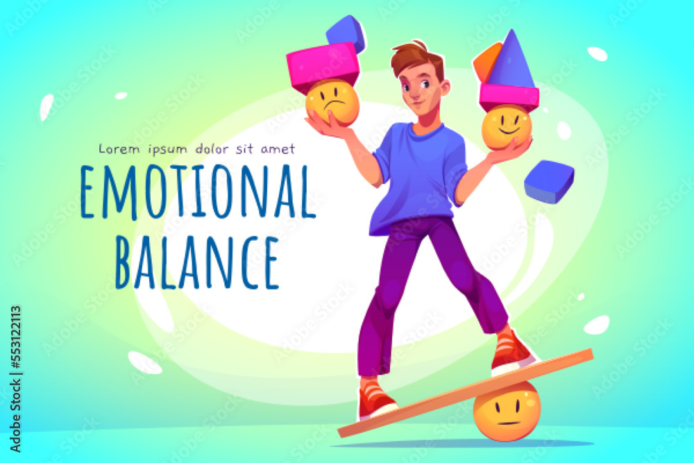 Emotional balance banner with man on seesaw choosing between sad and ...