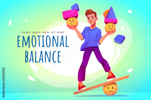 Emotional balance banner with man on seesaw choosing between sad and happy emoji. Concept of feelings and emotions control, mental discipline, inner harmony, vector cartoon illustration