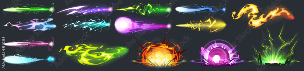 Space guns vfx effect, explosion, laser blasters with plasmic beams and rays. Raygun pistols, kid toys or futuristic alien weapon. Game comic energy phasers with colorful lightnings Cartoon vector set