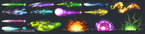 Space guns vfx effect, explosion, laser blasters with plasmic beams and rays. Raygun pistols, kid toys or futuristic alien weapon. Game comic energy phasers with colorful lightnings Cartoon vector set