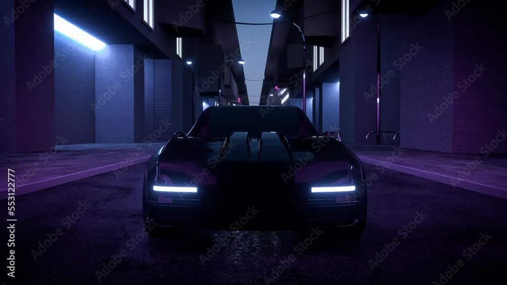 Black car in neon city loop animation