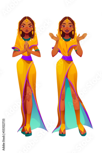 Indian woman in sari with namaste gesture. Happy girl in traditional dress from India. Portrait of greeting and excited beautiful lady in saree, vector cartoon illustration