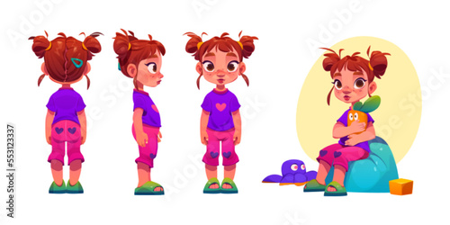 Standing little girl in front, side and back view. Portrait of cute baby girl with ponytails sitting in bean bag chair with soft toys isolated on white background, vector cartoon illustration