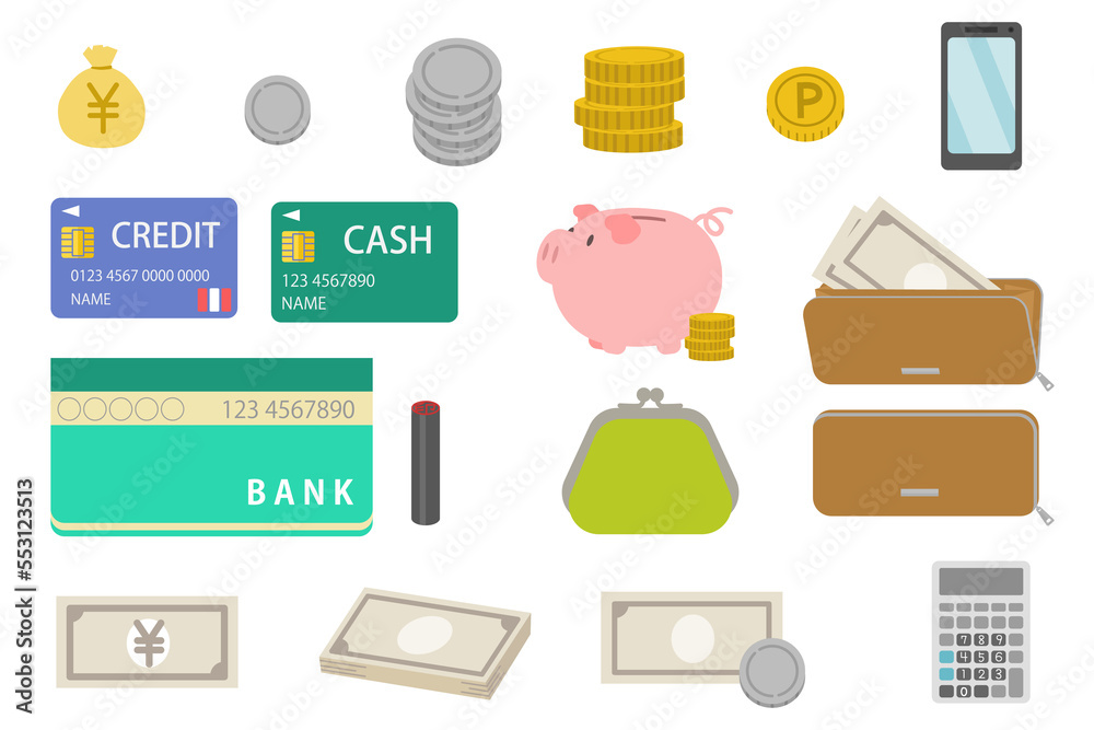 家計管理・お金関連のイラストセット（お金、貯金・クレジット・通帳）