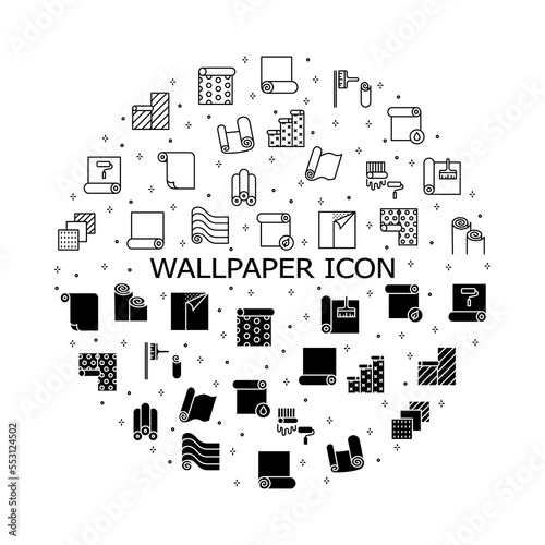Wallpaper flat line icons set. Paperhanging and wall paper rolls concept line symbols.Simple flat vector illustration for web site or mobile app.