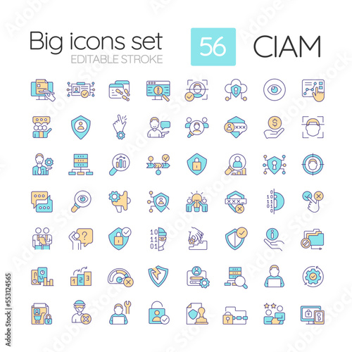 CIAM RGB color icons set. Consumer security. User confidential data management. Isolated vector illustrations. Simple filled line drawings collection. Editable stroke. Quicksand-Light font used photo