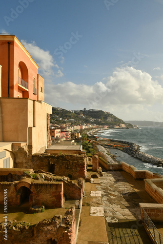 Panoramic view of Pozzuoli, a town overlooking the sea near Naples in Italy.	