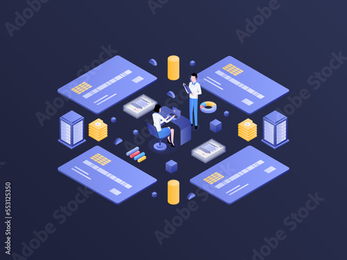 Credit card System Isometric Dark Gradient Illustration. Suitable for Mobile App, Website, Banner, Diagrams, Infographics, and Other Graphic Assets.