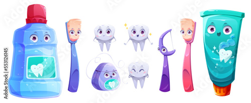 Teeth care product cartoon characters. Smiling animated mouth wash bottle, toothbrush, paste tube and floss oral hygiene and dentistry cute personages isolated on white background, Vector illustration