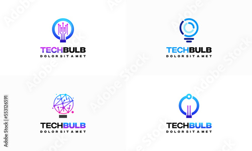 Set of Modern Tech Bulb logo designs concept  Pixel Technology Bulb Idea logo template