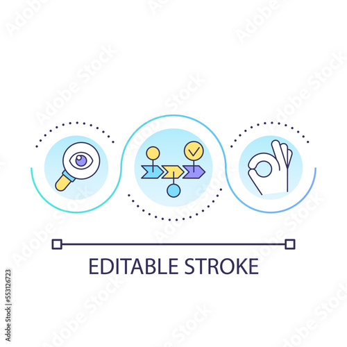 Analyze workflow loop concept icon. Business optimization. Develop strategy. Audit work process abstract idea thin line illustration. Isolated outline drawing. Editable stroke. Arial font used