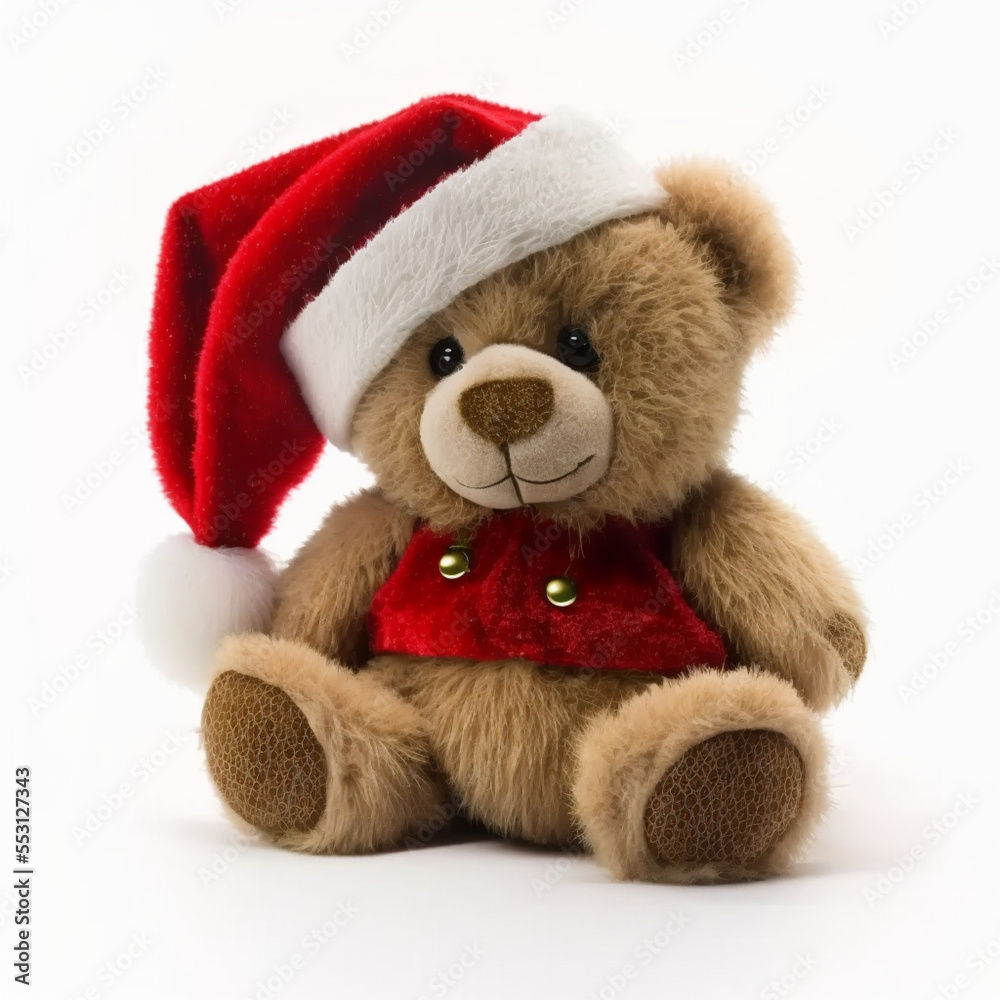 Cute Christmas plush toy in Santa Claus hat, isolated on white background, digital art