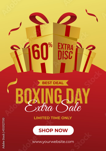 Boxing Day Sale Poster Or Banner Design With Discount Offer And Gift Boxes On Red and Gold Background