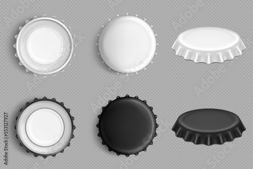 Metal caps for bottles of beer, soda, cola or juice. Black and white blank aluminum lids, bottlecaps in top, side and inside view, vector realistic set isolated on transparent background