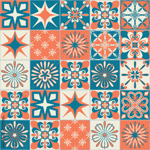Square ceramic tiles in mediterranean style, orange blue pattern, symmetrical floral motif