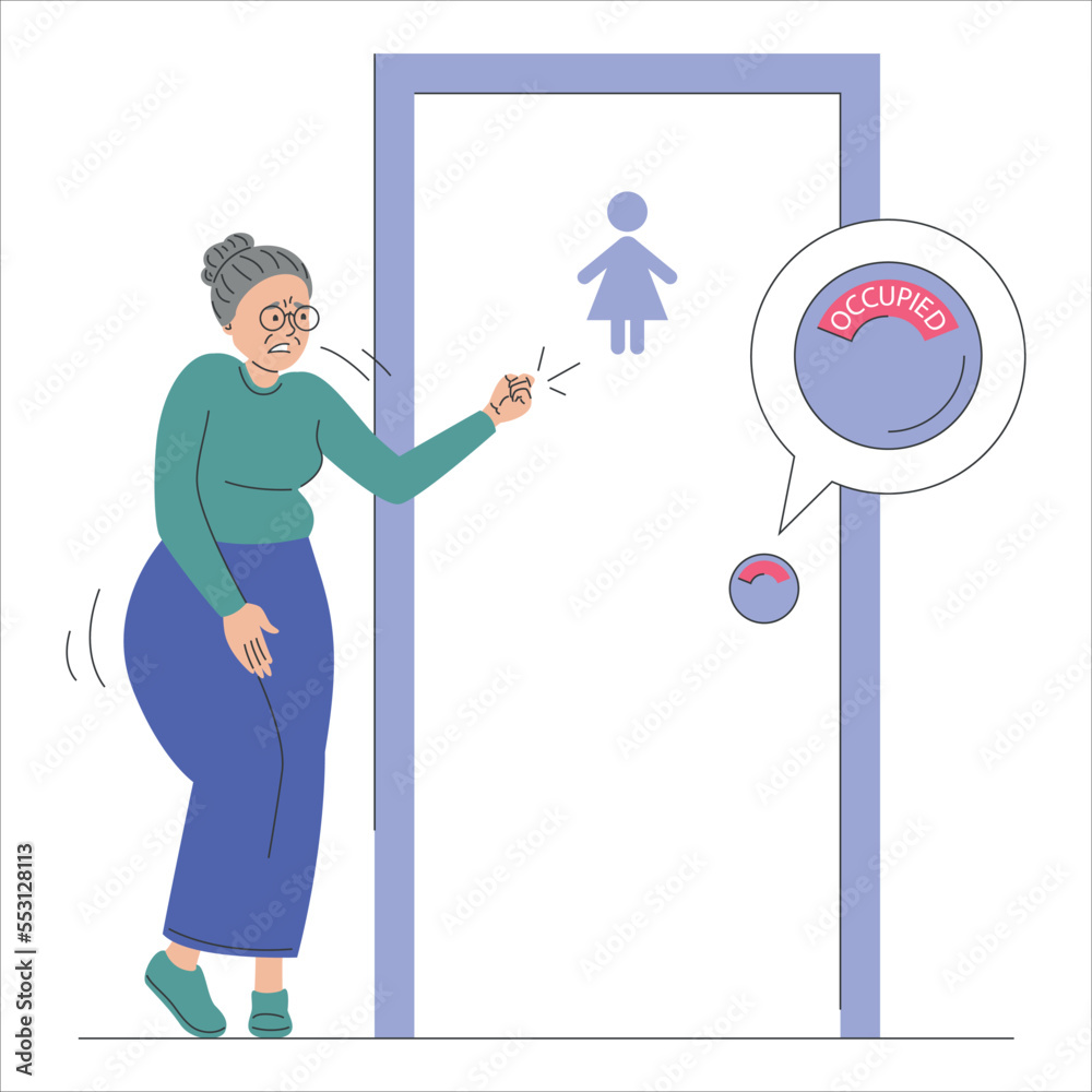 Senior woman wants to pee and standing at the closed toilet door vector isolated. Occupied WC, female character needs to urinate. Funny character with full bladder. Senior woman wants to pee and standing at the closed toilet door vector isolated. Occupied WC, female character needs to urinate. Funny character with full bladder.