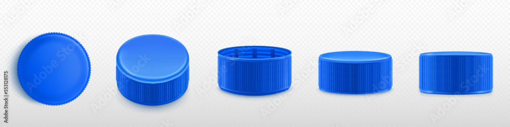 Clear Plastic Water Bottles With Blue Caps Stock Photo - Download