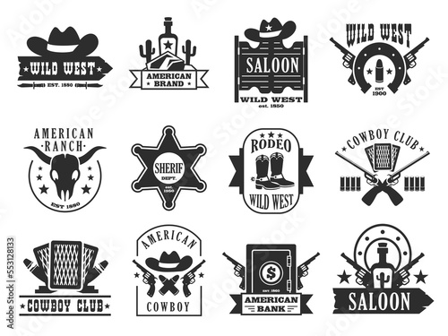 Wild west logo. Western american cowboy badges with cactus horse lasso gun elements, cartoon flat emblems for print stamp label design. Vector set