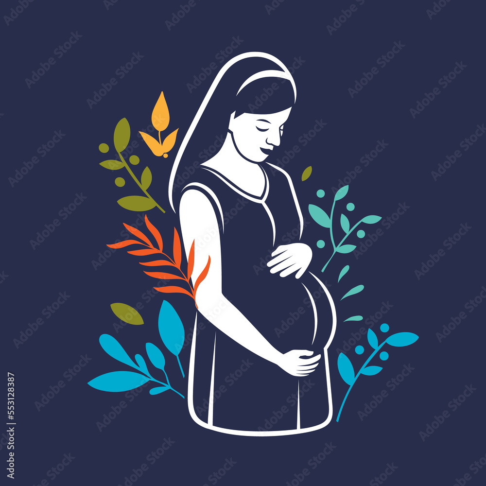 Expectant mother hugs the baby in her belly on a colorful background with flowers
