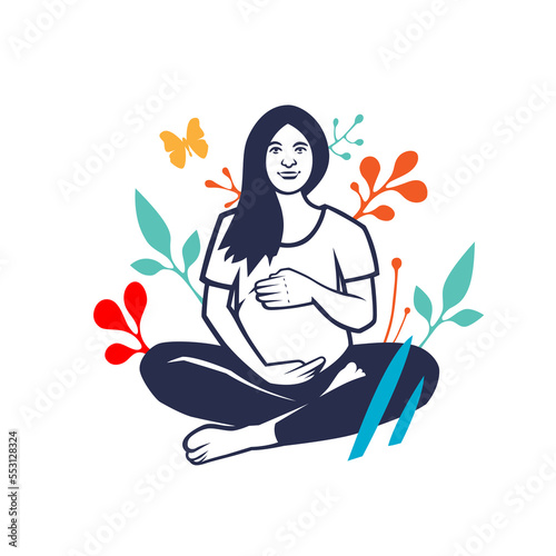 Expectant mother hugs the baby in her belly on a colorful background with flowers.