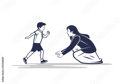 A happy meeting of a mother with her son. Maternal hugs.