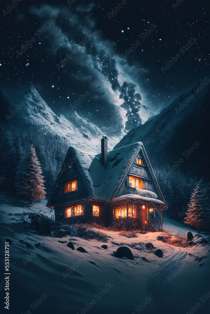 Cozy cabin in winter mountains with lit windows. Beautiful night landscape.  AI