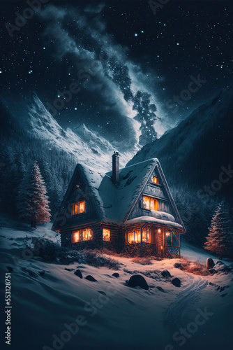 Cozy cabin in winter mountains with lit windows. Beautiful night landscape.  AI © Oleksandr Blishch