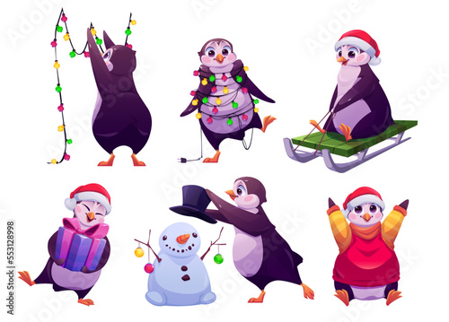 Christmas penguin, cute animal hanging festive garland, wear santa hat and sweater , holding gift box, riding sled, making snowman. Cute cartoon character prepare for holidays, Vector illustration