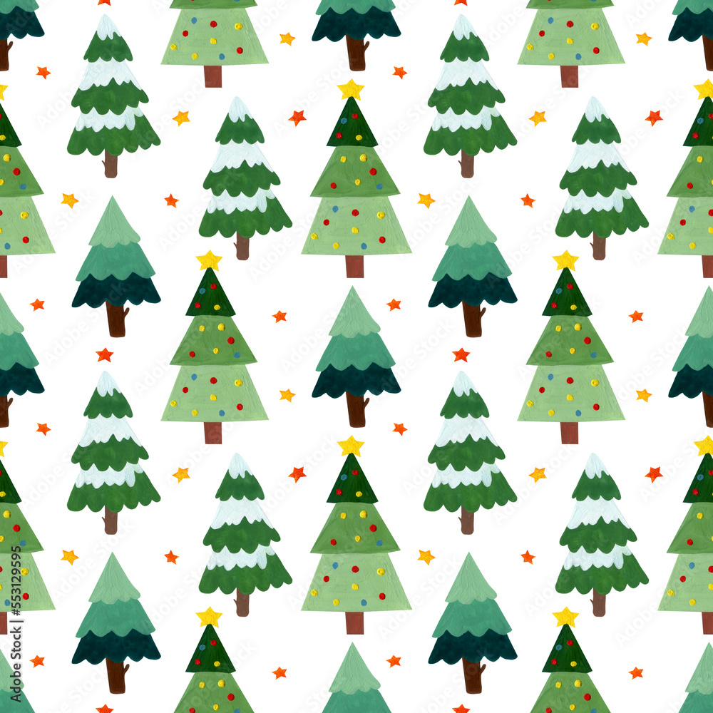 seamless pattern of Christmas trees and stars on a white background.