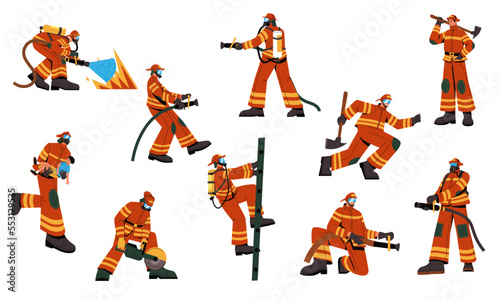 Firefighter characters. Cartoon fireman in uniform with rescue equipment, emergency worker with fire extinguisher hose bucket ax. Vector isolated set