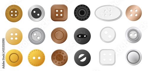 Sewing buttons. Gold silver metal bronze copper cloth rivets, craft needlwork clothing accessories various shapes. Vector textile isolated collection