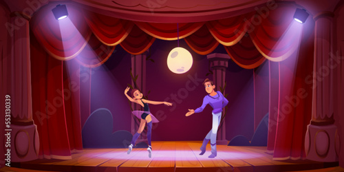 Theater stage with ballet dancers couple and backdrop of night landscape. Ballerina in tutu dance with man on wooden scene with red curtains, columns and spotlights, vector cartoon illustration