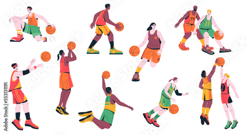 Basketball players. Cartoon male and female characters playing sport game dribbling jumping throwing ball in basket, athletes in dynamic pose. Vector set