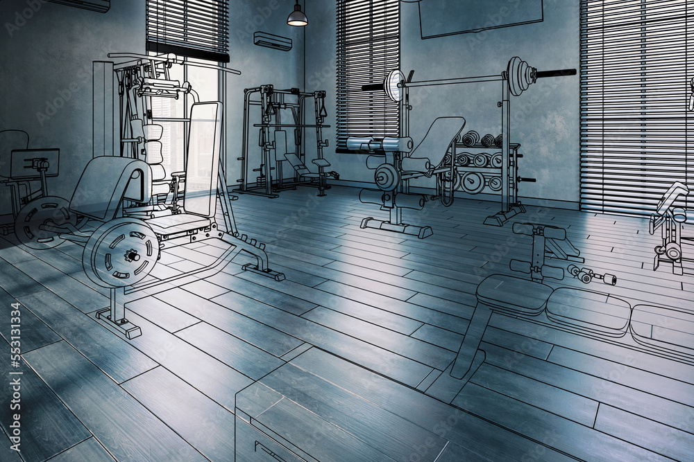 Body Building Center With Exercise Machines Integrated Inside a Penthouse Fitness Area (illustration) - 3D Visualization - obrazy, fototapety, plakaty 