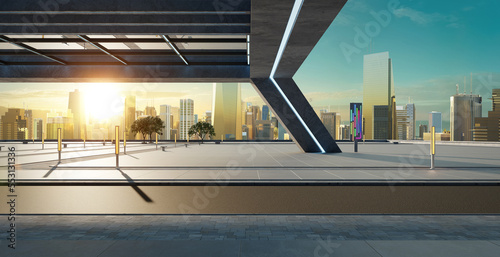 Perspective view of empty street and modern rooftop building