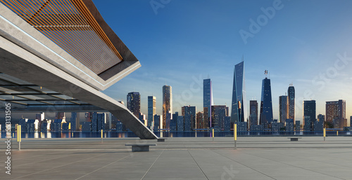 Perspective view of empty floor and modern rooftop building