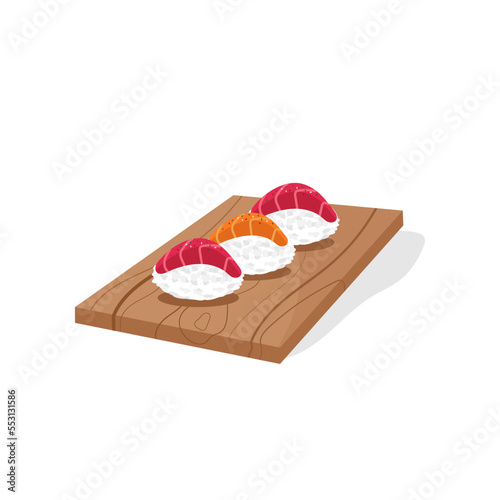 Set of sushi on a wooden board on a white insulated background. Asian Japanese food. Vector