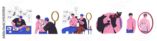 Tattoo artist at work. Cartoon professional ink master character drawing with needle machine, tattooist with equipment and client in salon. Vector set