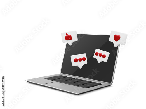 3d realistic laptop with speech bubble and social media likes. Online social concept with laptop in cartoon style. Vector illustration
