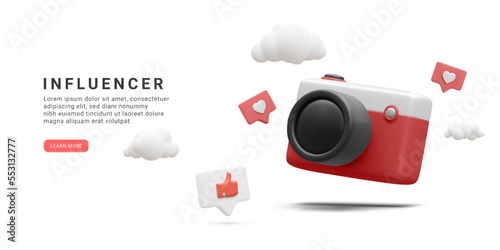 3d realistic social media banner with camera, clouds and social icons isolated on white background. Vector illustration