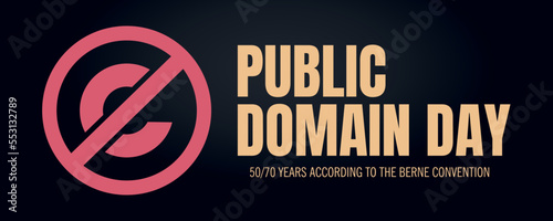 Public Domain Day, icon together with English text on black background., icon together with English text on black background.