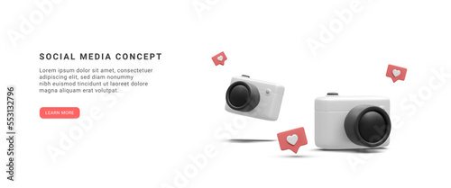 3d realistic social media banner with cameras and social icons isolated on white background. Vector illustration