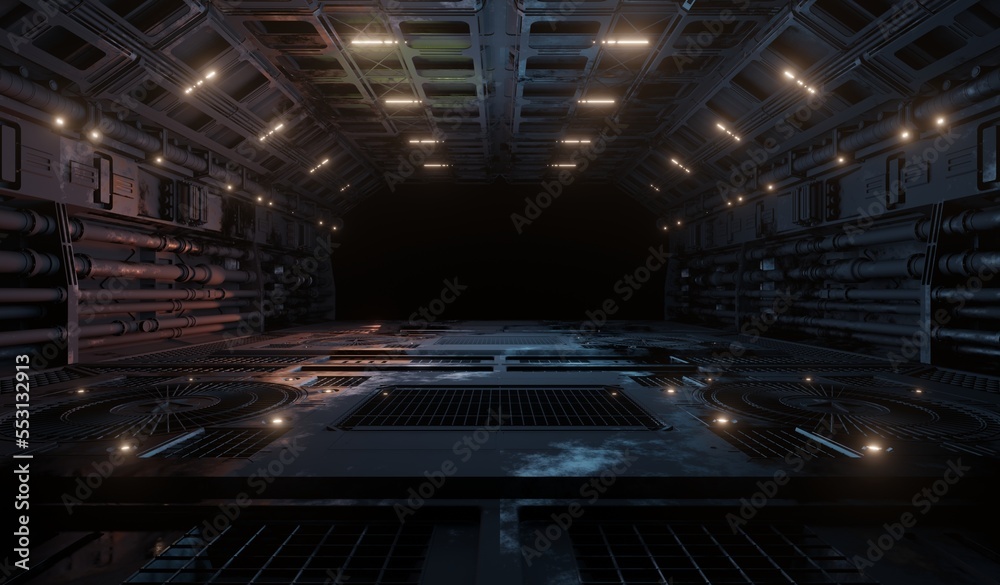 Central laboratory corridor metal grate  with lighting in dark scene 3D rendering sci-fi interior wallpaper backgrounds
