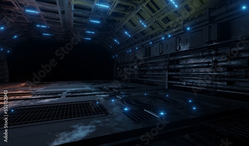 Fototapeta Naklejka Na Ścianę i Meble -  Underground central laboratory corridor metal grate with lighting in dark scene 3D rendering sci-fi wallpaper backgrounds