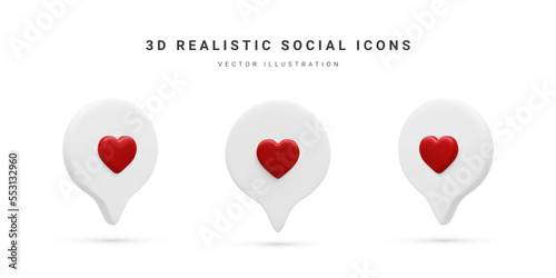 Set of 3d realistic bubbles with red heart isolated on white background. Vector illustration