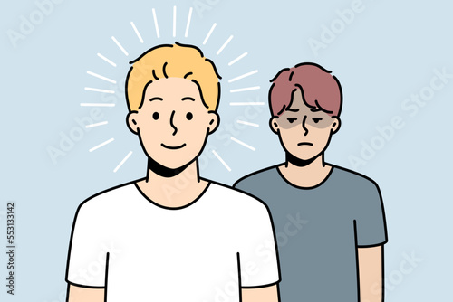 Happy guy stands in front of sad one. Gloomy man is after joyful one. Boy is jealous of success of friend, neighbor, wants to take revenge, harm him. Winner, looser. Vector outline illustration.