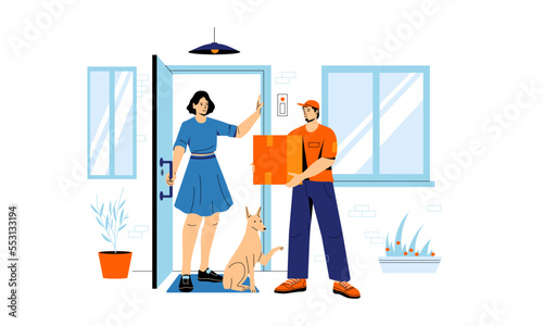 Delivery to door. Cartoon deliveryman gives customer order to client, cartoon courier mailman with parcel near doorway food logistic concept. Vector illustration