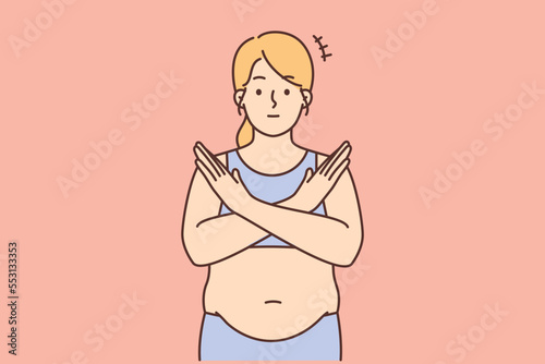 Overweight woman show stop hand gesture 