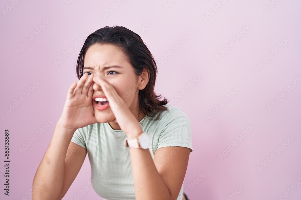 Hispanic young woman standing over pink background shouting angry out loud with hands over mouth Hispanic young woman standing over pink background shouting angry out loud with hands over mouth