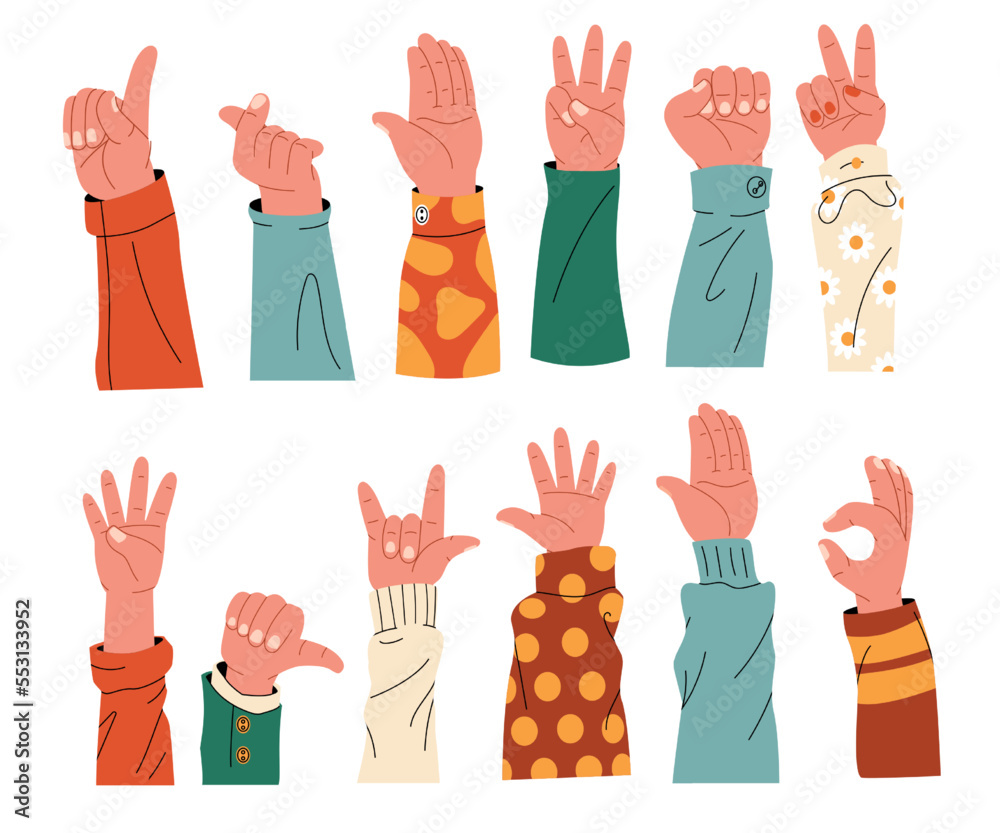 Hands with sleeves collection. Human arms in colorful clothes cartoon flat style, demonstrative gestures teamwork charity education concept. Vector set Hands with sleeves collection. Human arms in colorful clothes cartoon flat style, demonstrative gestures teamwork charity education concept. Vector set